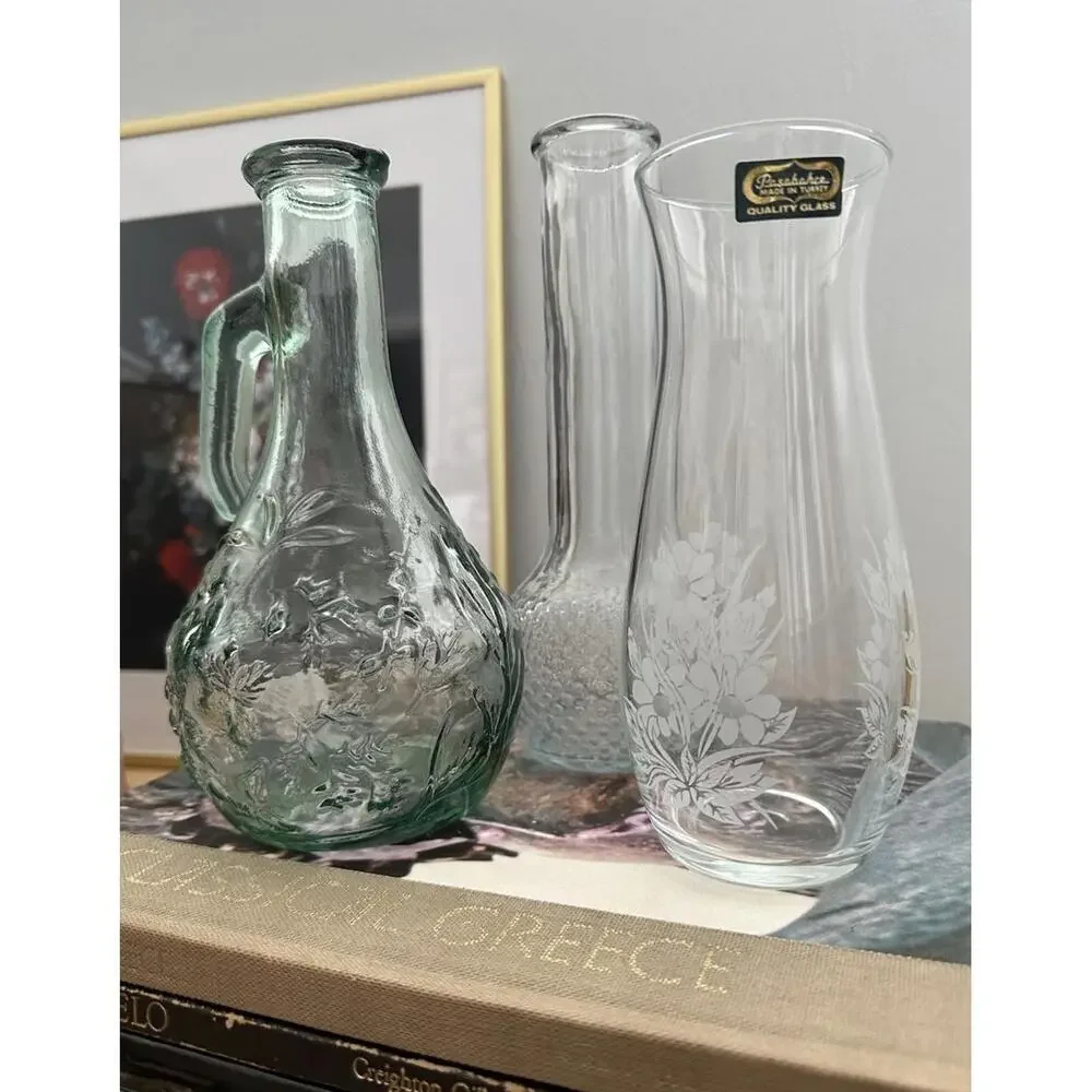 Set Of Three Vintage Green And Clear Glass Vases With Floral And Hobnail Designs